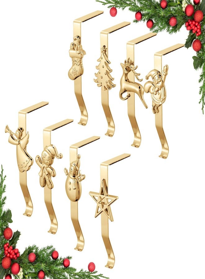 MineTom Stocking Holders for Mantle, Set of 8 Christmas Stocking Holders for Fireplace, Stocking Hangers for Mantel, Snowflake Reindeer Tree Santa Stocking Hooks for Christmas Mantel Decoration, Gold - Image 1