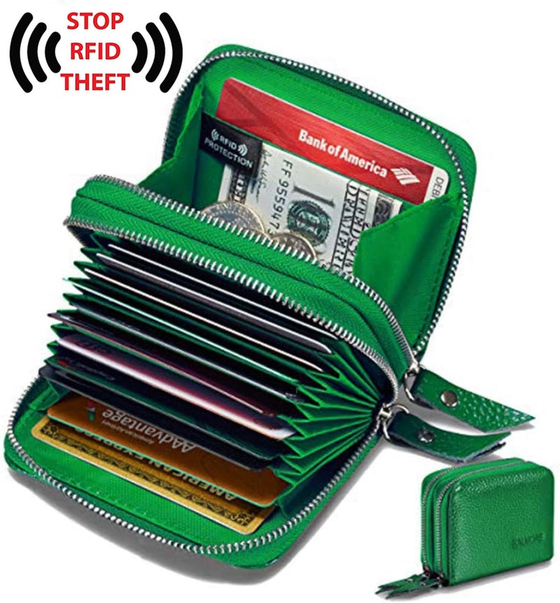 KALMORE Women's Leather RFID Secured Spacious Cute Card Wallet Small Purse, Green, Two Zippers - Image 3