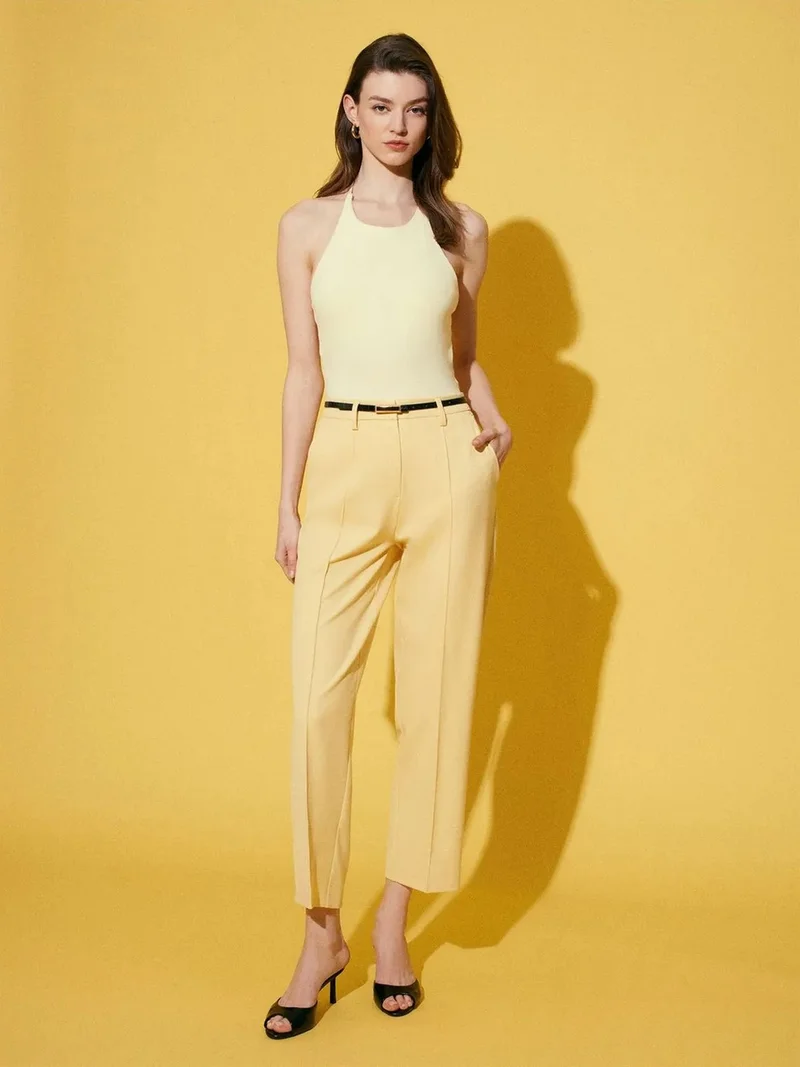 ديلفين DILVIN Women's Belted Straight-leg Ankle Trousers