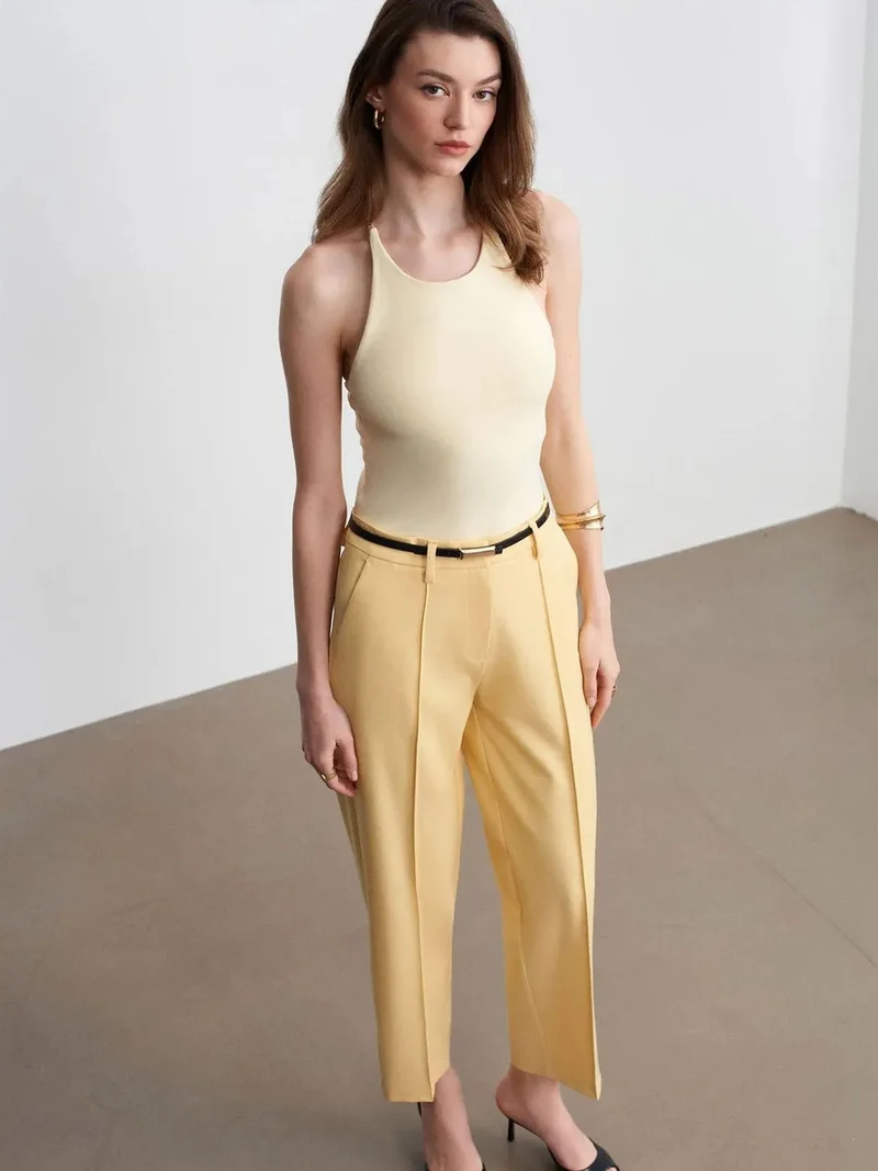 ديلفين DILVIN Women's Belted Straight-leg Ankle Trousers