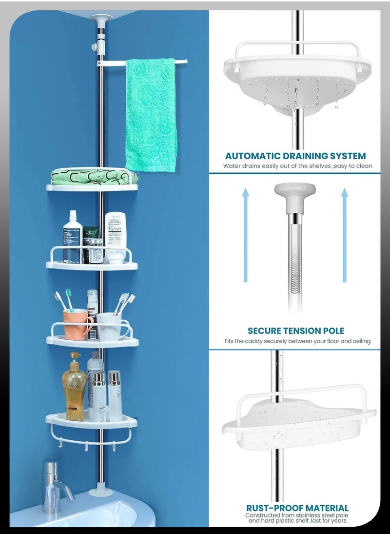 DBLEW - Adjustable 4 Tier Telescopic Shower Caddy Corner Rack Bathroom Shelf Stand With Towel Bar Shelves Tray Hooks Rustproof Metal Pole Rod For Storage Organizer Bathtub Toilet Floor to Ceiling Extendable H - Image 1