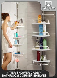 Adjustable 4 Tier Telescopic Shower Caddy Corner Rack Bathroom Shelf Stand With Towel Bar Shelves Tray Hooks Rustproof Metal Pole Rod For Storage Organizer Bathtub Toilet Floor to Ceiling Extendable H