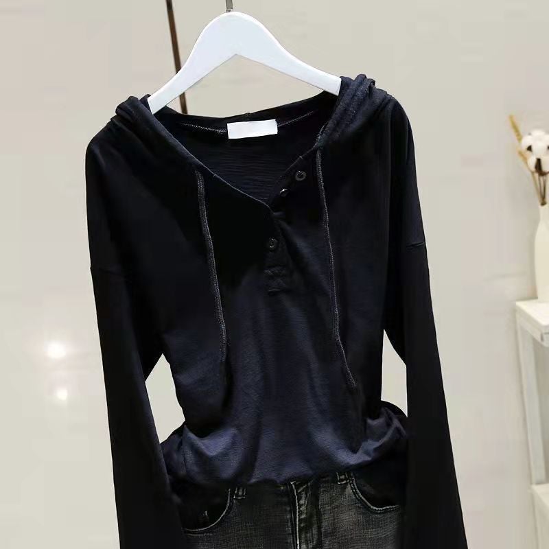White Hooded Long-Sleeved T-Shirt For Women 2025 Spring And Autum New Loose And Slim Inner Layering Shirt Outer Top Trendy - Image 4
