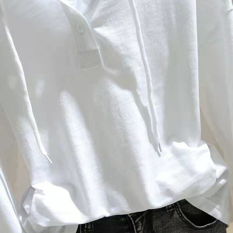 White Hooded Long-Sleeved T-Shirt For Women 2025 Spring And Autum New Loose And Slim Inner Layering Shirt Outer Top Trendy - Image 5