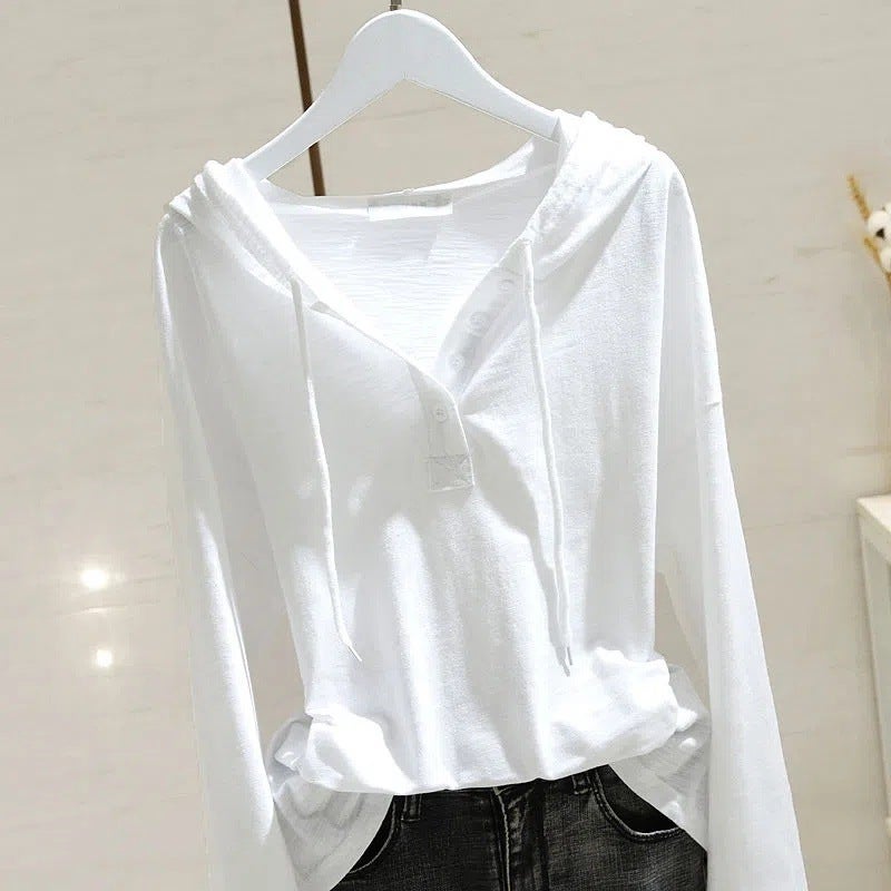 White Hooded Long-Sleeved T-Shirt For Women 2025 Spring And Autum New Loose And Slim Inner Layering Shirt Outer Top Trendy - Image 1