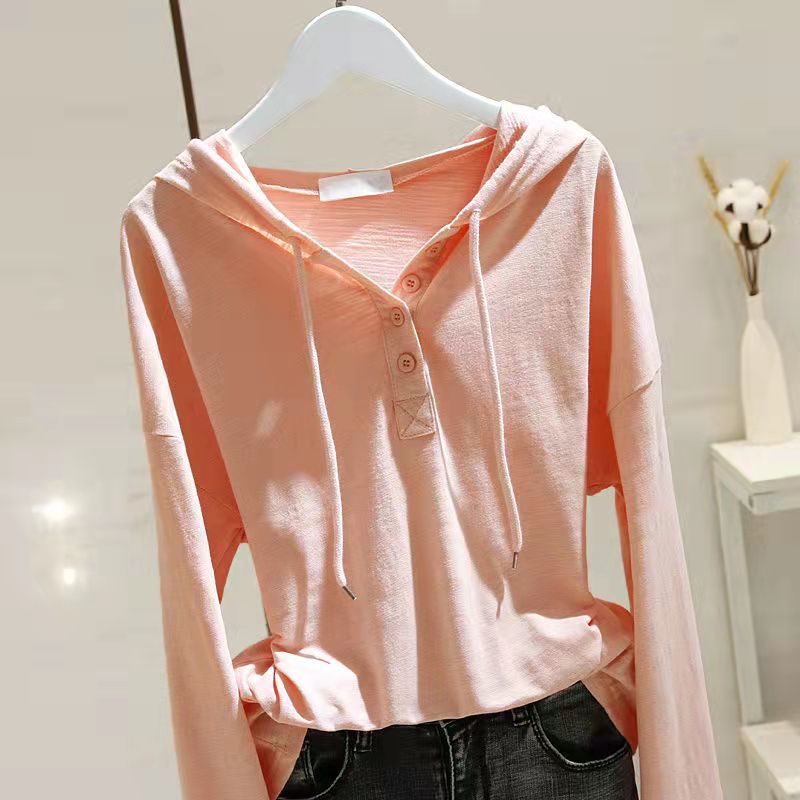 White Hooded Long-Sleeved T-Shirt For Women 2025 Spring And Autum New Loose And Slim Inner Layering Shirt Outer Top Trendy - Image 3