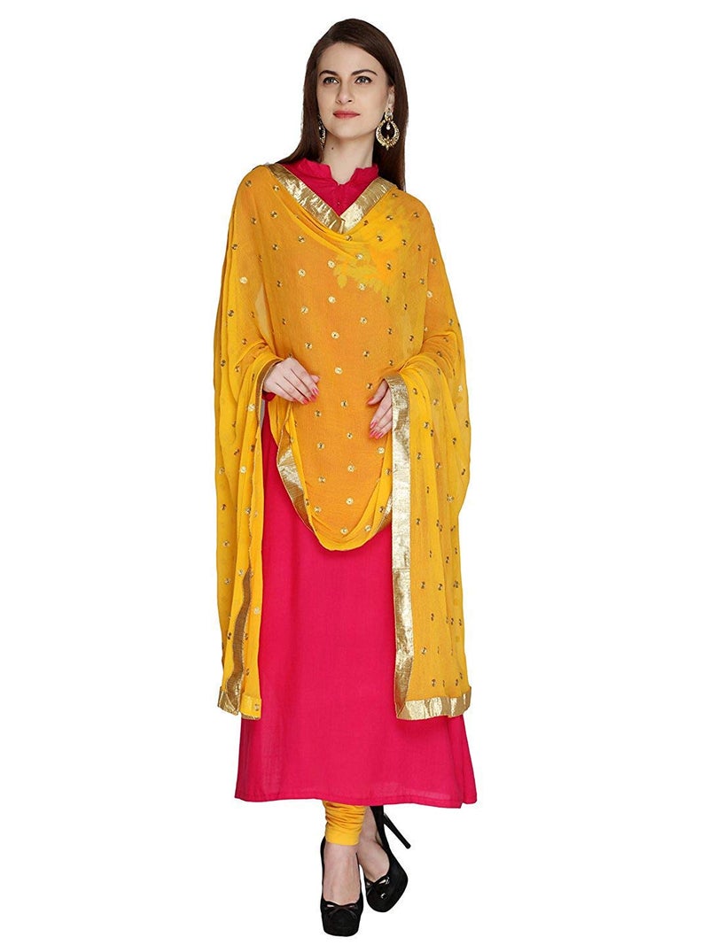 themilestocks Woman's Embroidered Chiffon Dupatta Scarf Shawl Wrap Soft Indian Bridal Wedding (Yellow) - Image 2