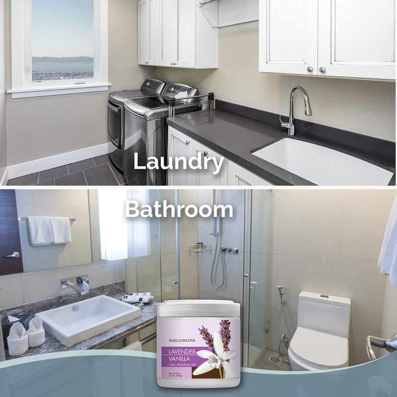 SMELLS BEGONE Air Freshener Odor Absorber Gel - 15 oz, Pack of 2 - Absorbs and Eliminates Odor in Pet Areas, Bathrooms, Cars, & Boats - Made with Essential Oils - Lavender Vanilla Scent - Image 4