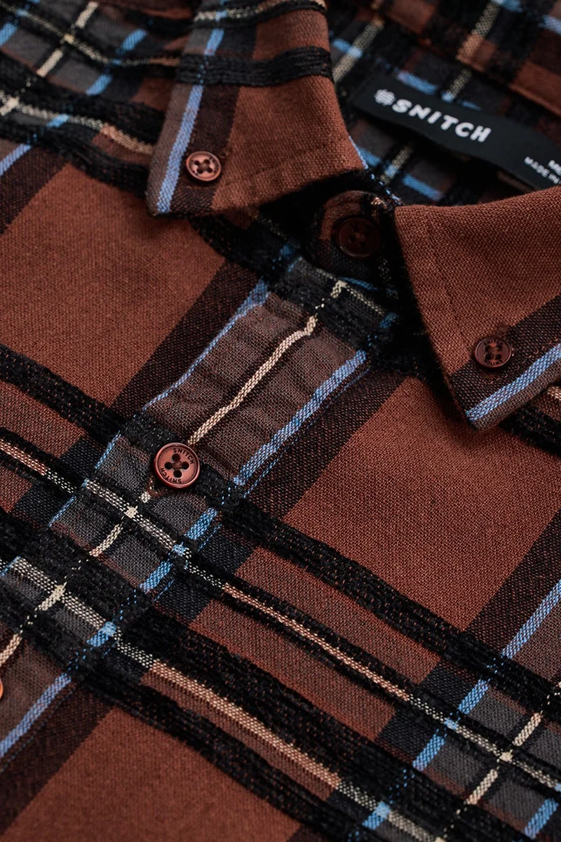 سنيتش Brown Checkered Long Sleeve Slim Fit Shirt