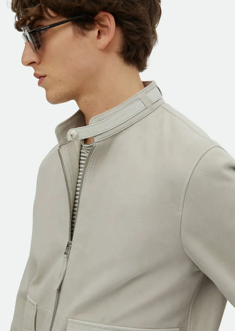 RAMSEY Grey Regular Fit Turtleneck Casual Suede Leather Coat