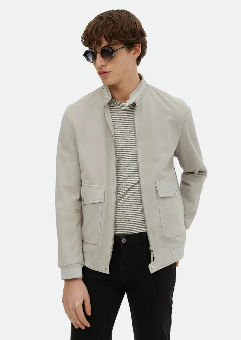 RAMSEY Grey Regular Fit Turtleneck Casual Suede Leather Coat