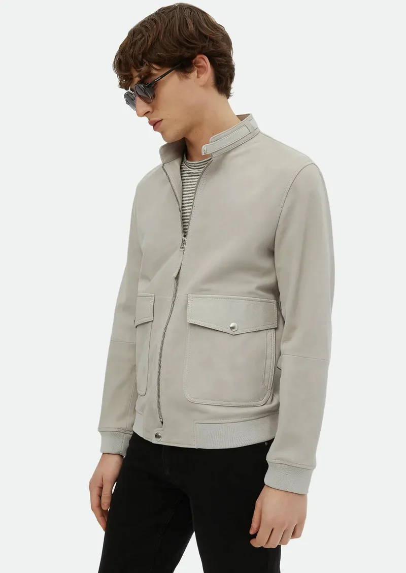 RAMSEY Grey Regular Fit Turtleneck Casual Suede Leather Coat