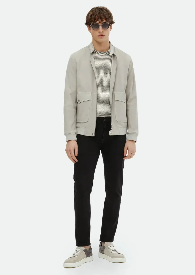 RAMSEY Grey Regular Fit Turtleneck Casual Suede Leather Coat