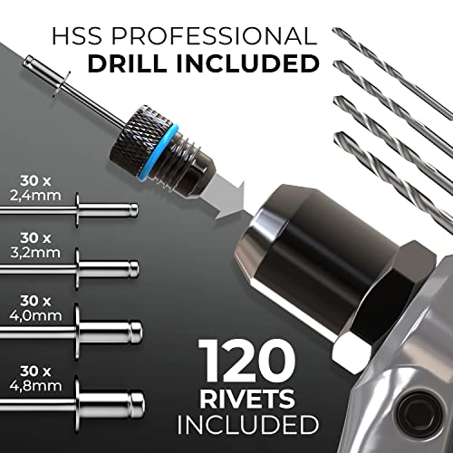 KLRS طقم مسدس ريفيت احترافي KLRStec يشمل 120 ريفيت و 4 مثاقب HSS - طقم أدوات ريفيت عالي الجودة لمعالجة الريفيتات العمياء - Image 2