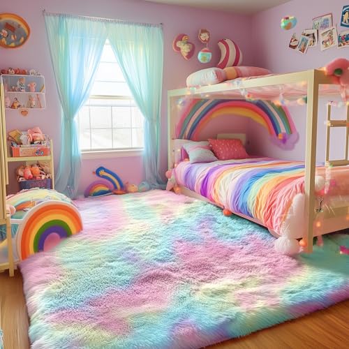 PAGISOFE 4x6 Rainbow Fluffy Soft Plush Area Rugs for Girls Bedroom, Shaggy Rugs for Kids Playroom,Kawaii Princess Fuzzy Rugs for Nursery Baby Toddler,Cute Colorful Room Decor for Teenage - Image 4