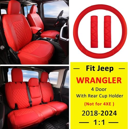 GIANT PANDA Customized Full Set Car Seat Covers for Jeep Wrangler 4 Door JL Sahara Altitude Rubicon 392 Unlimited 2018 2019 2020 2021 2022 2023 2024 with Rear Cup Holder,Faux Leather - (Red) - Image 2