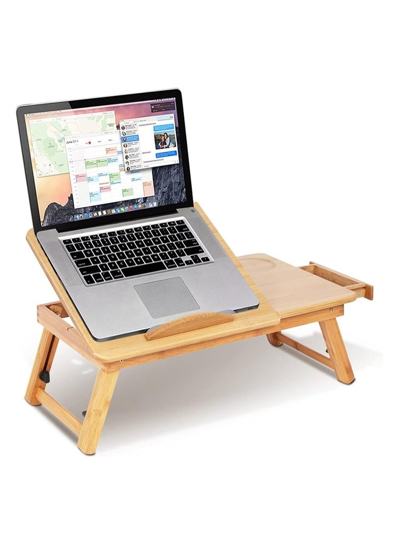 Generic - Natural Beech Wood Laptop Desk, Portable Computer Table for Bed Sofa, Folding Computer Desk Notebook Stand with Ventilation Holes, Beech Wood Breakfast Table with Drawer, Adjustable Height 17.5-25cm. - Image 1