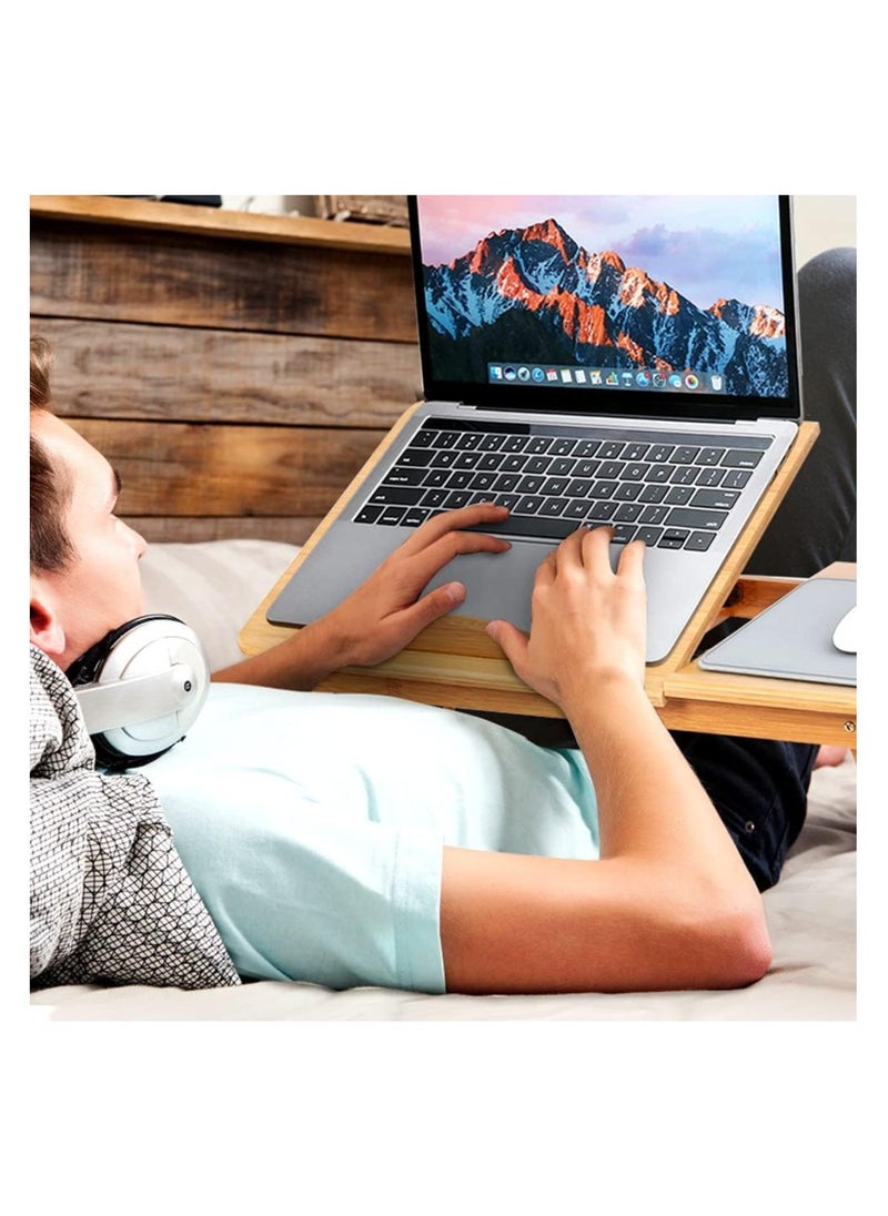 Generic - Natural Beech Wood Laptop Desk, Portable Computer Table for Bed Sofa, Folding Computer Desk Notebook Stand with Ventilation Holes, Beech Wood Breakfast Table with Drawer, Adjustable Height 17.5-25cm. - Image 1