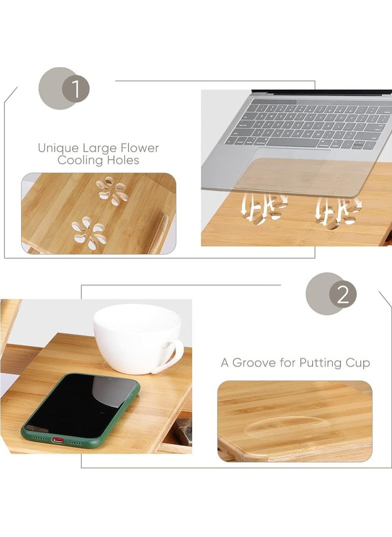 Generic - Natural Beech Wood Laptop Desk, Portable Computer Table for Bed Sofa, Folding Computer Desk Notebook Stand with Ventilation Holes, Beech Wood Breakfast Table with Drawer, Adjustable Height 17.5-25cm. - Image 1