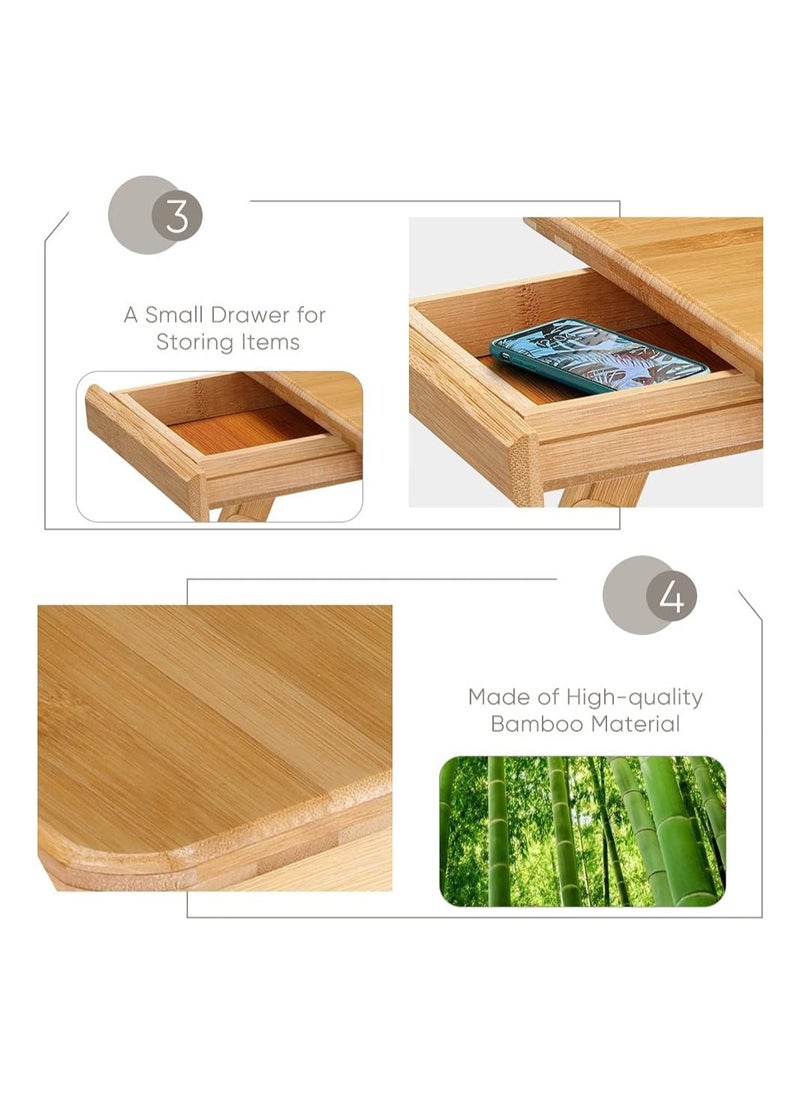 Generic - Natural Beech Wood Laptop Desk, Portable Computer Table for Bed Sofa, Folding Computer Desk Notebook Stand with Ventilation Holes, Beech Wood Breakfast Table with Drawer, Adjustable Height 17.5-25cm. - Image 1