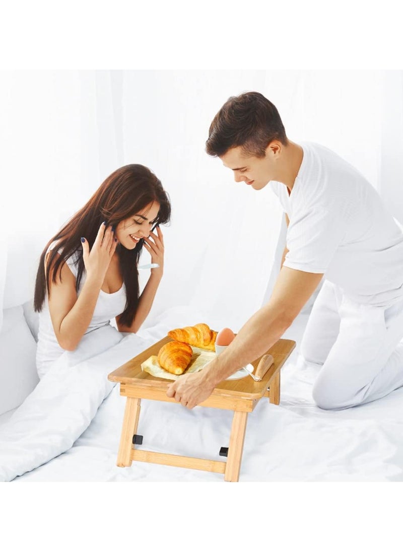 Generic - Natural Beech Wood Laptop Desk, Portable Computer Table for Bed Sofa, Folding Computer Desk Notebook Stand with Ventilation Holes, Beech Wood Breakfast Table with Drawer, Adjustable Height 17.5-25cm. - Image 1