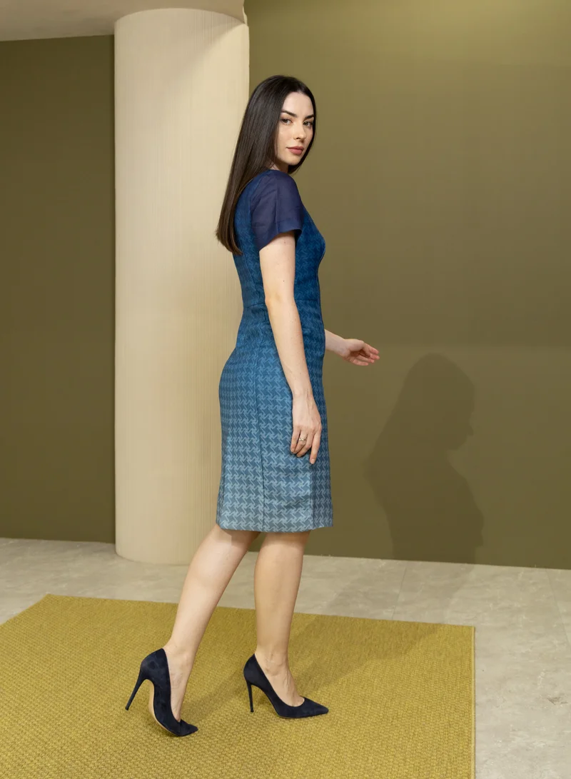 Lalele Ombré Houndstooth Linen Dress in Blue