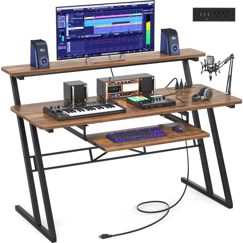 armocity 47 Music Studio Desk with Power Outlet Studio Desk for Music Production Recording Studio Desk for Producer Studio Workstation Desk for Music Recording Piano Tray Raised Stand Rustic