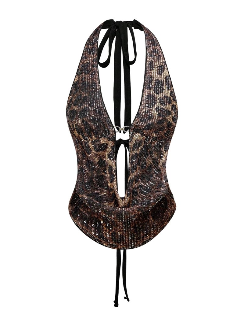 Verdusa Women's Cheetah Print Sequin Top Y2K Tie Back Corset Halter Going Out Crop Tops Brown X-Large - Image 1