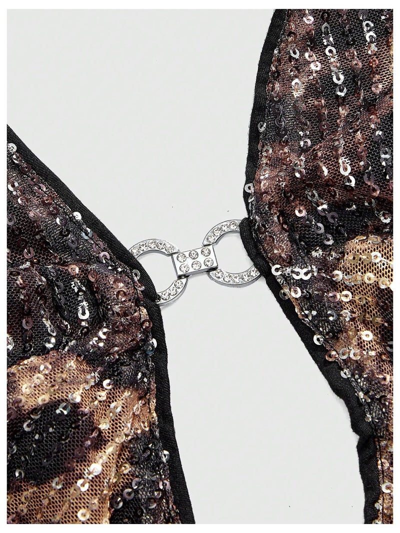Verdusa Women's Cheetah Print Sequin Top Y2K Tie Back Corset Halter Going Out Crop Tops Brown X-Large - Image 3