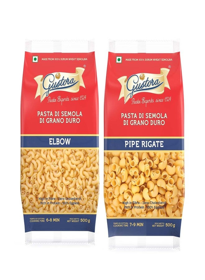 Gustora Healthy Elbow & Pipe Rigate Pasta Combo Made Of Durum Wheat Semolina I Rich In Protein & Fibre I Zero Cholesterol I Vegetarian I No Trans - Fat I Cooking Time 10 Min - (500 Gm X 2) - Image 1