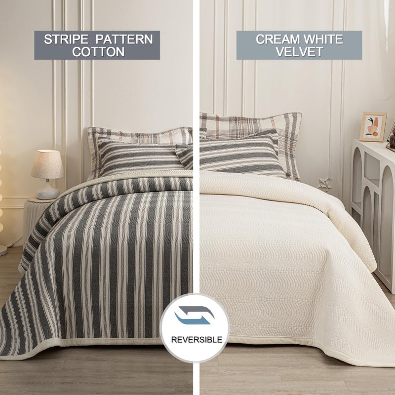tohrisa Cotton Striped Quilt Set, Ultra Soft 3 Pieces King Size Bedding with 2 Pillow Shams, Lightweight Reversible Coverlet Bedspread with Wave Quilting for Summer, 108"x96", Stripe-Grey White - Image 2