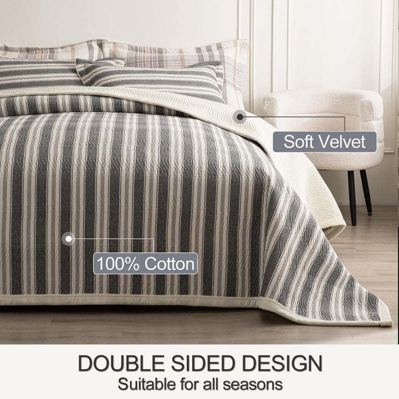 tohrisa Cotton Striped Quilt Set, Ultra Soft 3 Pieces King Size Bedding with 2 Pillow Shams, Lightweight Reversible Coverlet Bedspread with Wave Quilting for Summer, 108"x96", Stripe-Grey White - Image 5