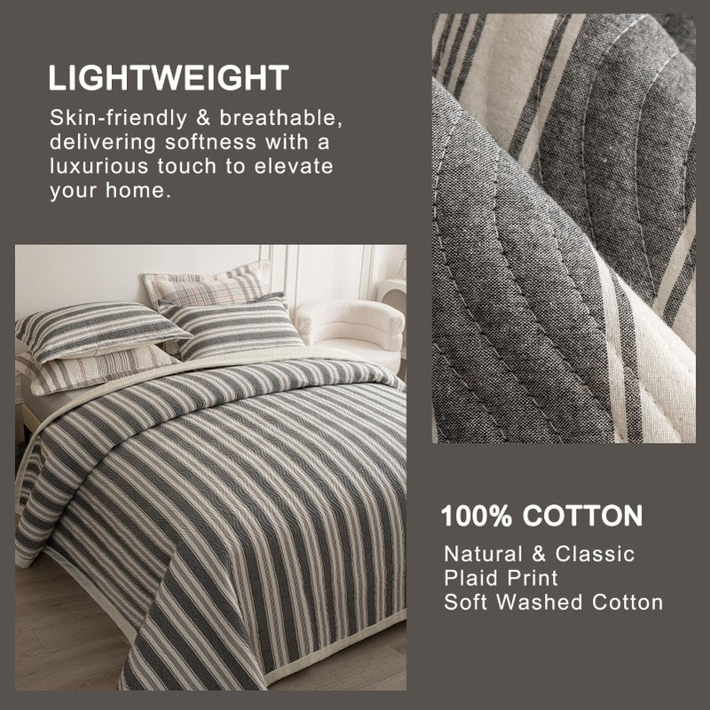 tohrisa Cotton Striped Quilt Set, Ultra Soft 3 Pieces King Size Bedding with 2 Pillow Shams, Lightweight Reversible Coverlet Bedspread with Wave Quilting for Summer, 108"x96", Stripe-Grey White - Image 4
