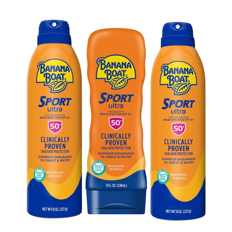 BANANA BOAT Banana Boat Sport Ultra SPF 50 Sunscreen Triple Pack  Banana Boat Sunscreen Spray  Lotion SPF 50 Spray On Sunscreen Water Resistant Sunscreen Oxybenzone Free Pack of 3 8oz each