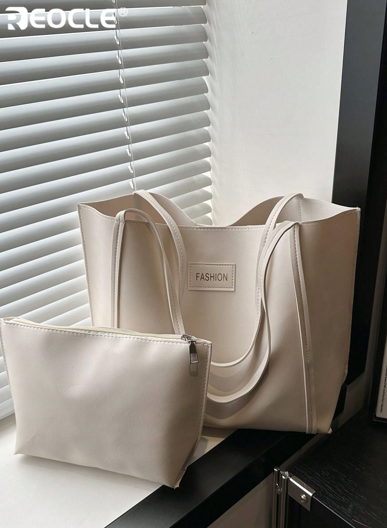 Women's Minimalist Smooth Faux Leather Tote Bag with Matching Pouch Spacious Casual Shoulder Bag Set for Daily Commute Work & Weekend Outings Use