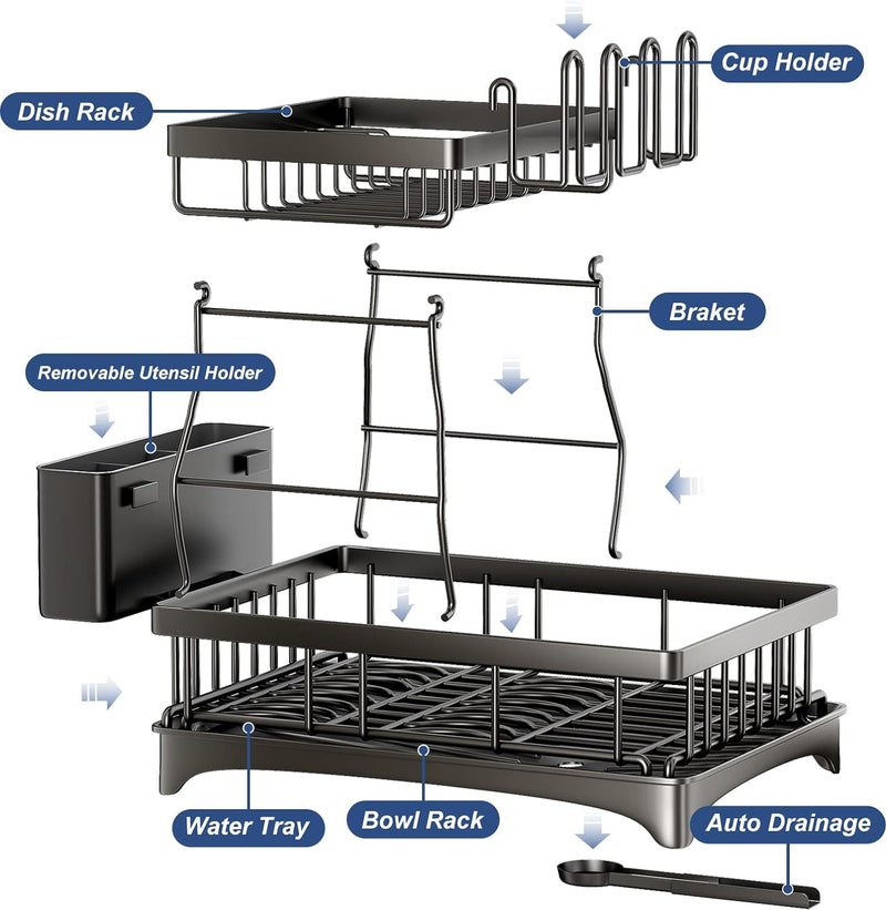 Mokshith Dish Drying Rack 2 Tier Dish Rack with Cup Holder and Utensil Holder Small Dish Drainer with 2 Tray for Kitchen Countertop Saving Space - Image 3