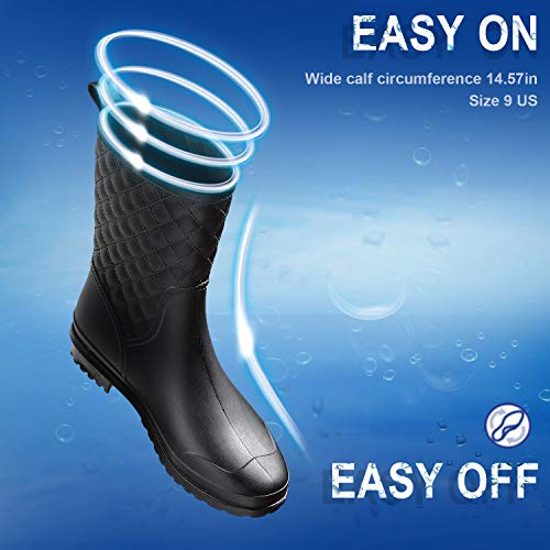 Petrass Women Rain Boots Black Waterproof Mid Calf Lightweight Cute Booties Fashion Out Work Comfortable Garden Shoes, Black 7 - Image 3