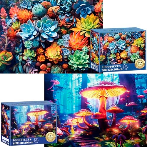 Edsjegn 2 Pack Puzzles for Adults 1000 PiecesSucculents and Mushrooms Difficult Jigsaw Puzzles for AdultsHard Jigsaw Puzzle Decorations DIY Leisure Game Toy Suitable Family Friends275x20 inches - Image 1