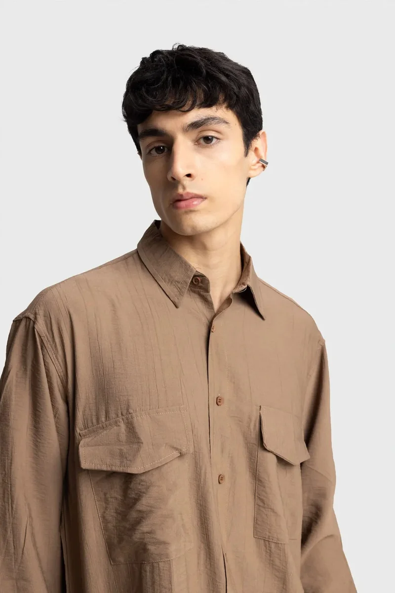 Giesto Tan Natural GIESTO Long Sleeve Button-Up Shirt with Pocket for Men | Best Price UAE