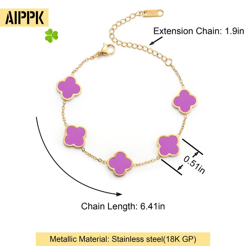 AIPPK 18K Gold Plated Clover Lucky Bracelet for Women White/Black/Red/Green Flower Four Leaf Link Bracelets Trendy Jewelry Gifts for Women (Purple) - Image 2