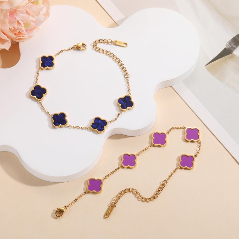AIPPK 18K Gold Plated Clover Lucky Bracelet for Women White/Black/Red/Green Flower Four Leaf Link Bracelets Trendy Jewelry Gifts for Women (Purple) - Image 5