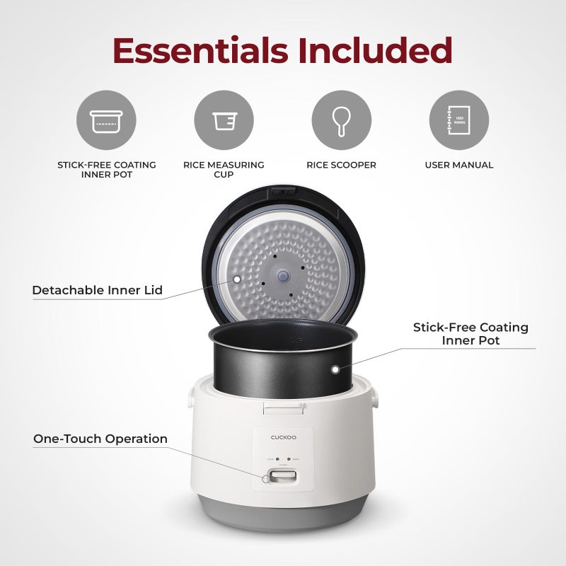 Cuckoo طباخ أرز أساسي كوكو CR-1095 سعة 10 أكواب (غير مطبوخة) / 20 كوب (مطبوخة) مع وعاء داخلي غير لاصق، زر ضغط (أبيض) - Image 2