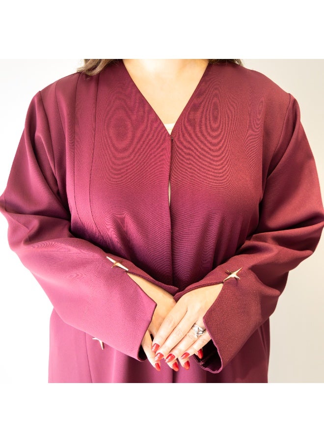 LINELLE عباءة لينيل الفاخرة باللون الماروني للنساء - تصميم أنيق على شكل V، مفتوحة من الأمام، تفاصيل أكمام مزينة بحجر النجوم، ملابس يومية ومناسبات محتشمة - Image 2