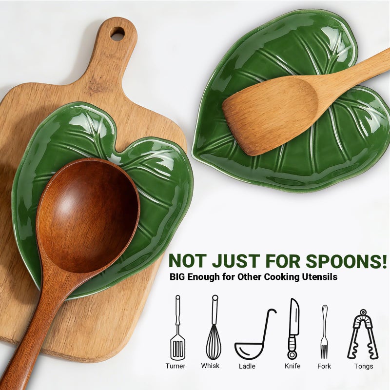 Hi-YomiLaugh Ceramic Spoon Rest for Stove Top and Kitchen Counter, Green Leaf Spoon Holder, Cute Cooking Spoon Rest, Heat Resistant Dishwasher Safe Kitchen Utensil Rest, Decorative Kitchen Decor - Image 3