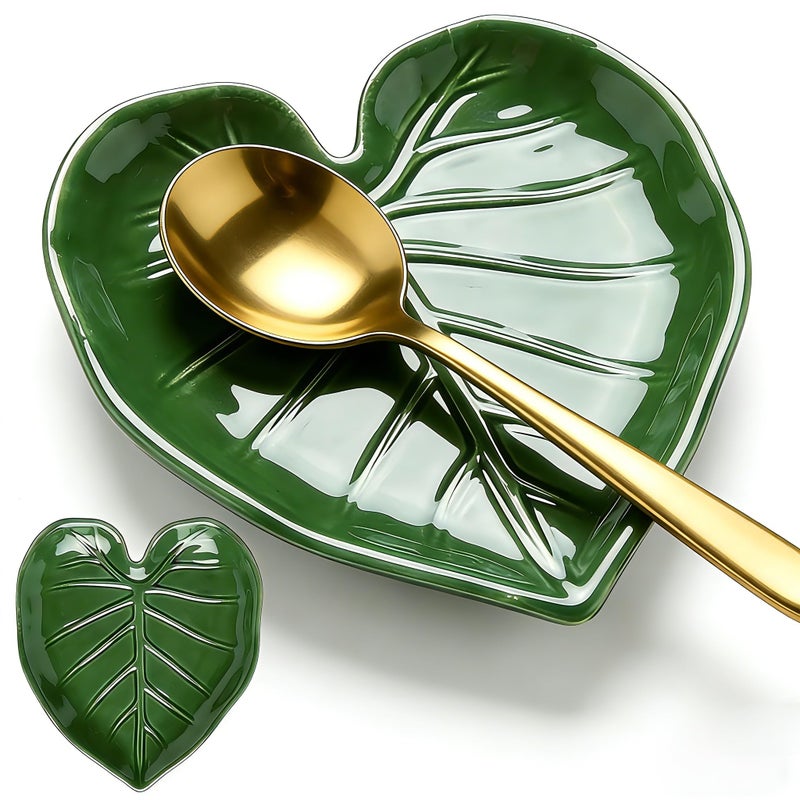 Hi-YomiLaugh Ceramic Spoon Rest for Stove Top and Kitchen Counter, Green Leaf Spoon Holder, Cute Cooking Spoon Rest, Heat Resistant Dishwasher Safe Kitchen Utensil Rest, Decorative Kitchen Decor - Image 1