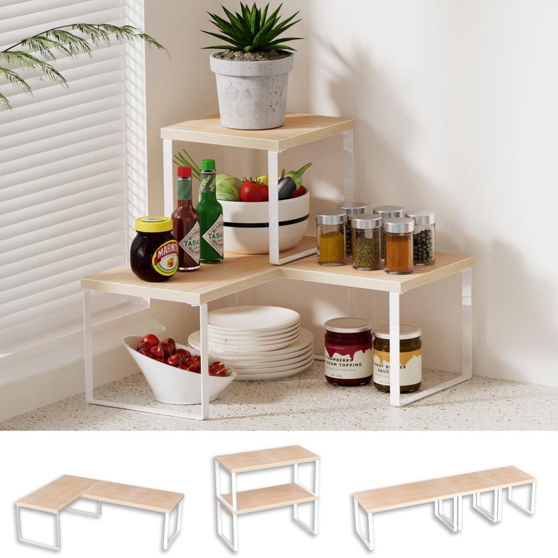 Golener Countertop Organizer Corner Shelf, 2 Tier Adjustable Stackable Corner Shelves for Kitchen, Bathroom, Spice Rack, Coffee Bar, Cabinet, Dresser Table, Corner Counter Shelf Stand, Natural Beige - Image 1