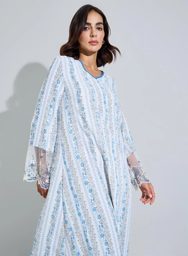 Styli Multi-Color Floral Print Long Lace Trim Sleeves A-Line Jalabias