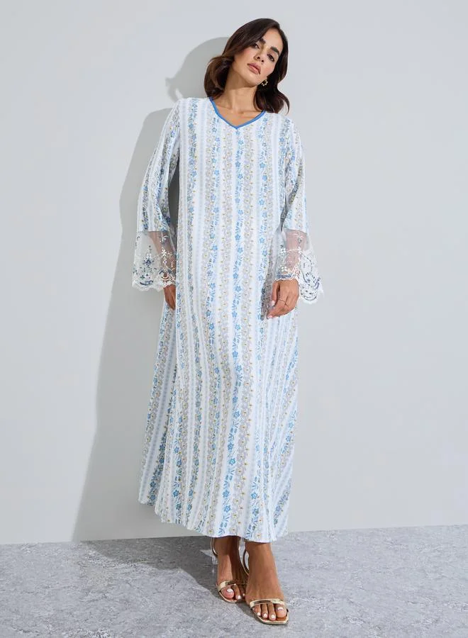 Styli Multi-Color Floral Print Long Lace Trim Sleeves A-Line Jalabias