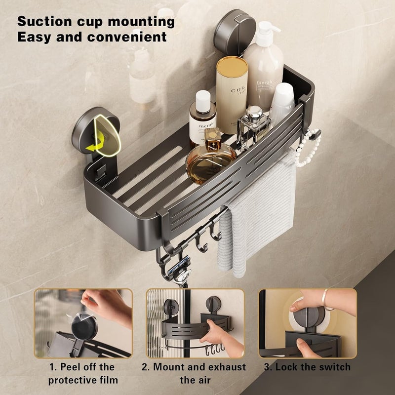 VOLPONE حامل دش زاوية فولبون مزود بأكواب شفط، رف دش زاوية بدون حفر، منظم حمام دش، رف تخزين لاصق مع خطافات مناشف (عبوة واحدة، رمادي) - Image 3