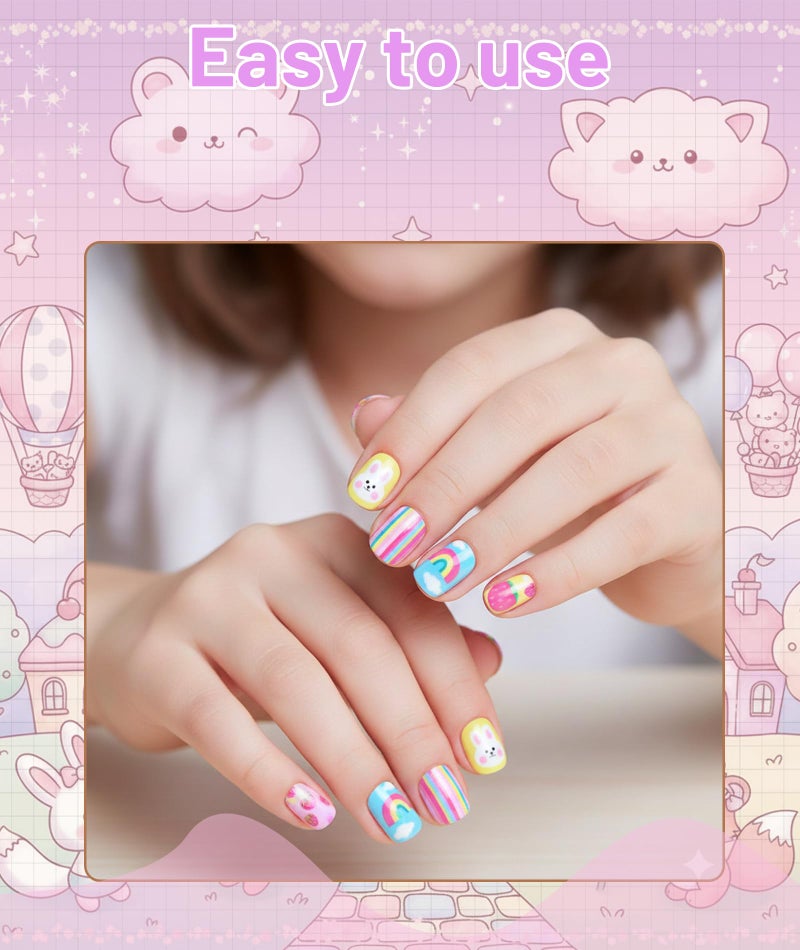 FFZDENA 2 Boxes Nail Art Kit for Girls 6-12, Fake Nails Extension Kit with Unicorn and Bunny Designs, Press on Nails Kit for DIY Manicure, Safe Artificial Nails Set for Fashion - Image 4